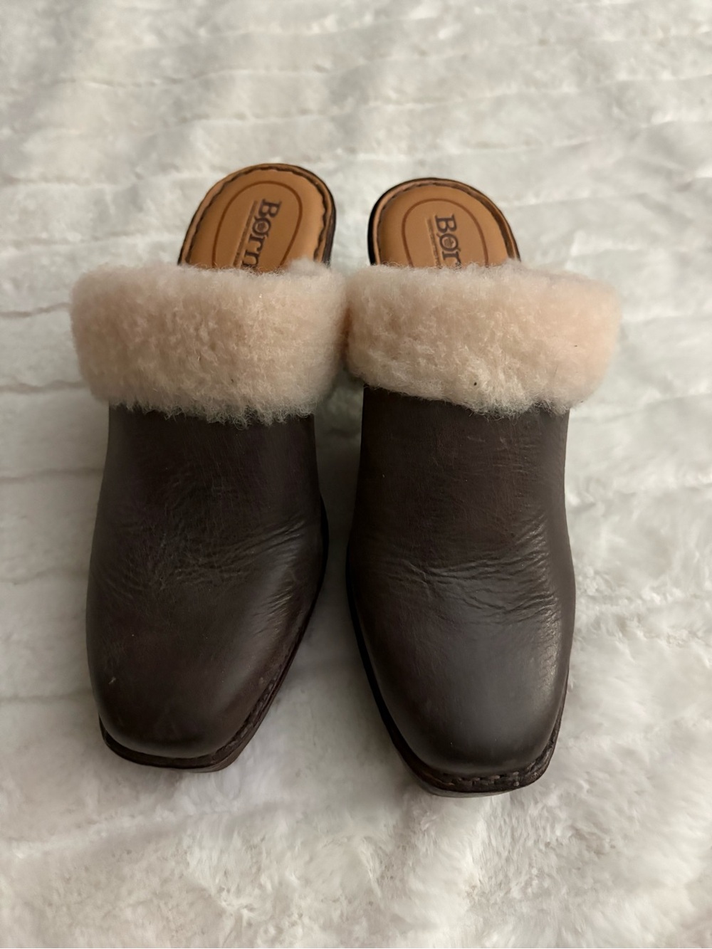Born Brown Leather Shearling Clog Mules with Cream Fur Trim, SZ- 9